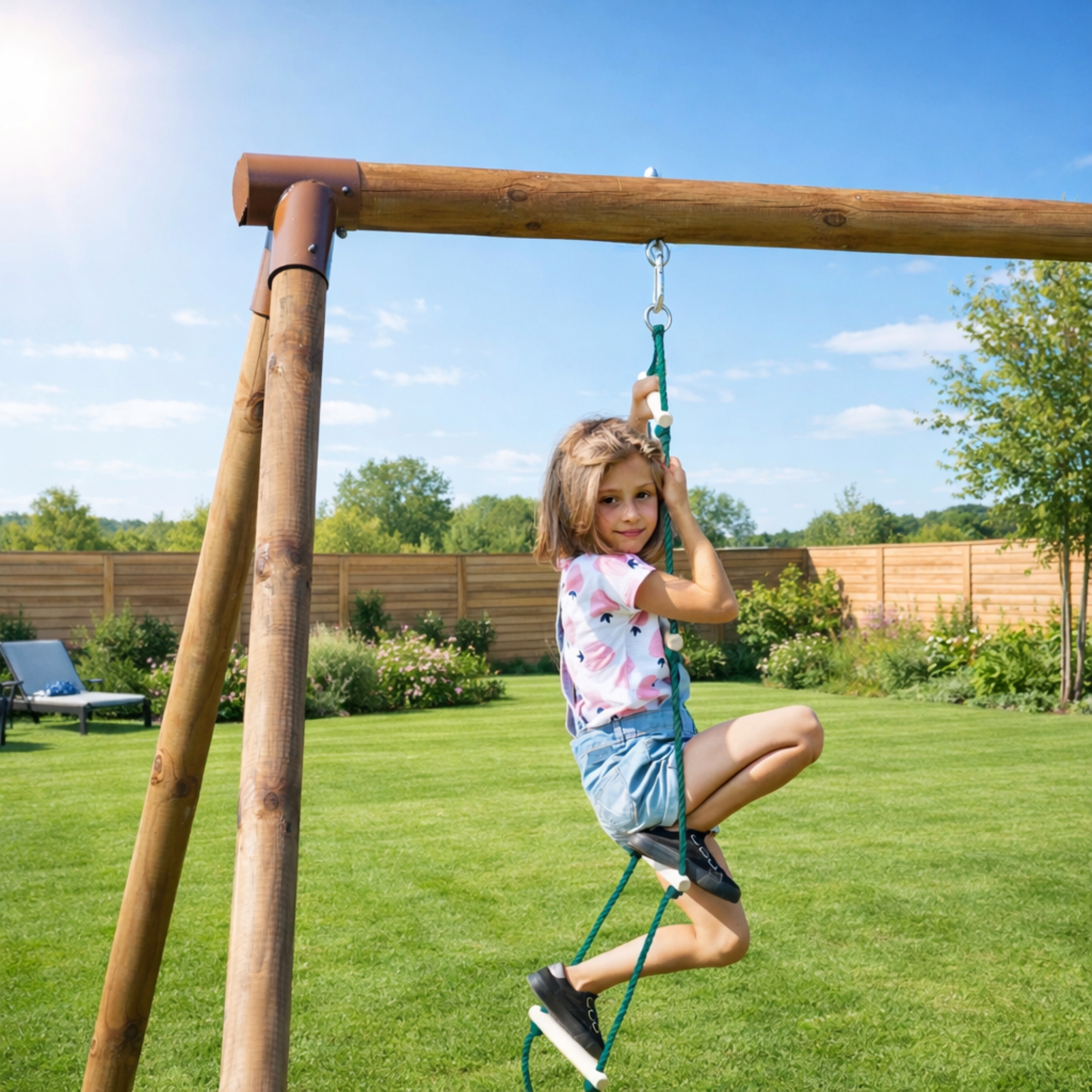 Enfant qui grimpe à un portique en bois dans un jardin en été